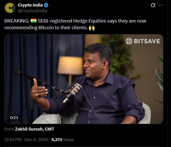 印度证券交易委员会监管的财富管理公司支持通过美国ETF进行比特币投资